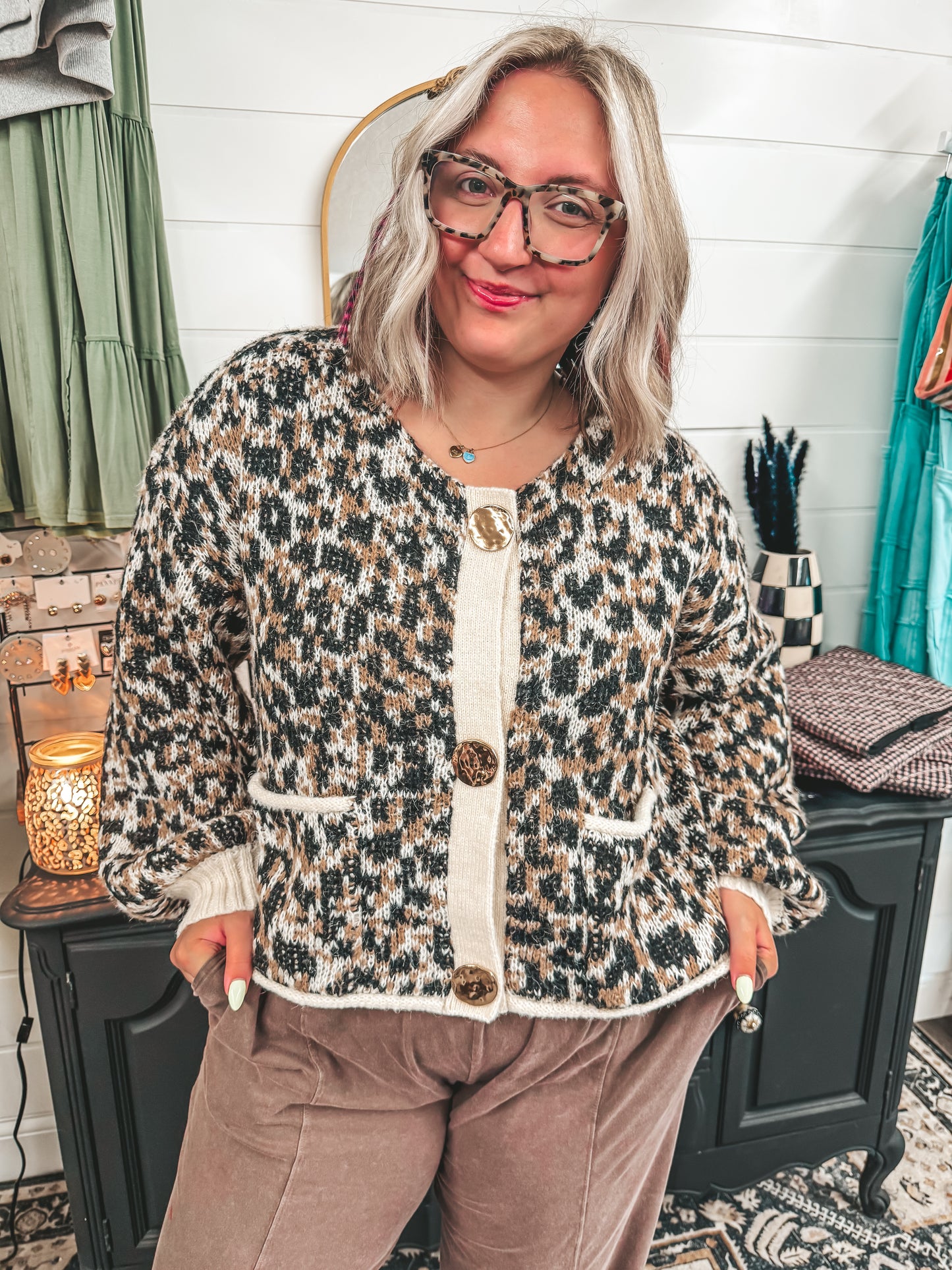 Leopard gold button cardigan S-3X