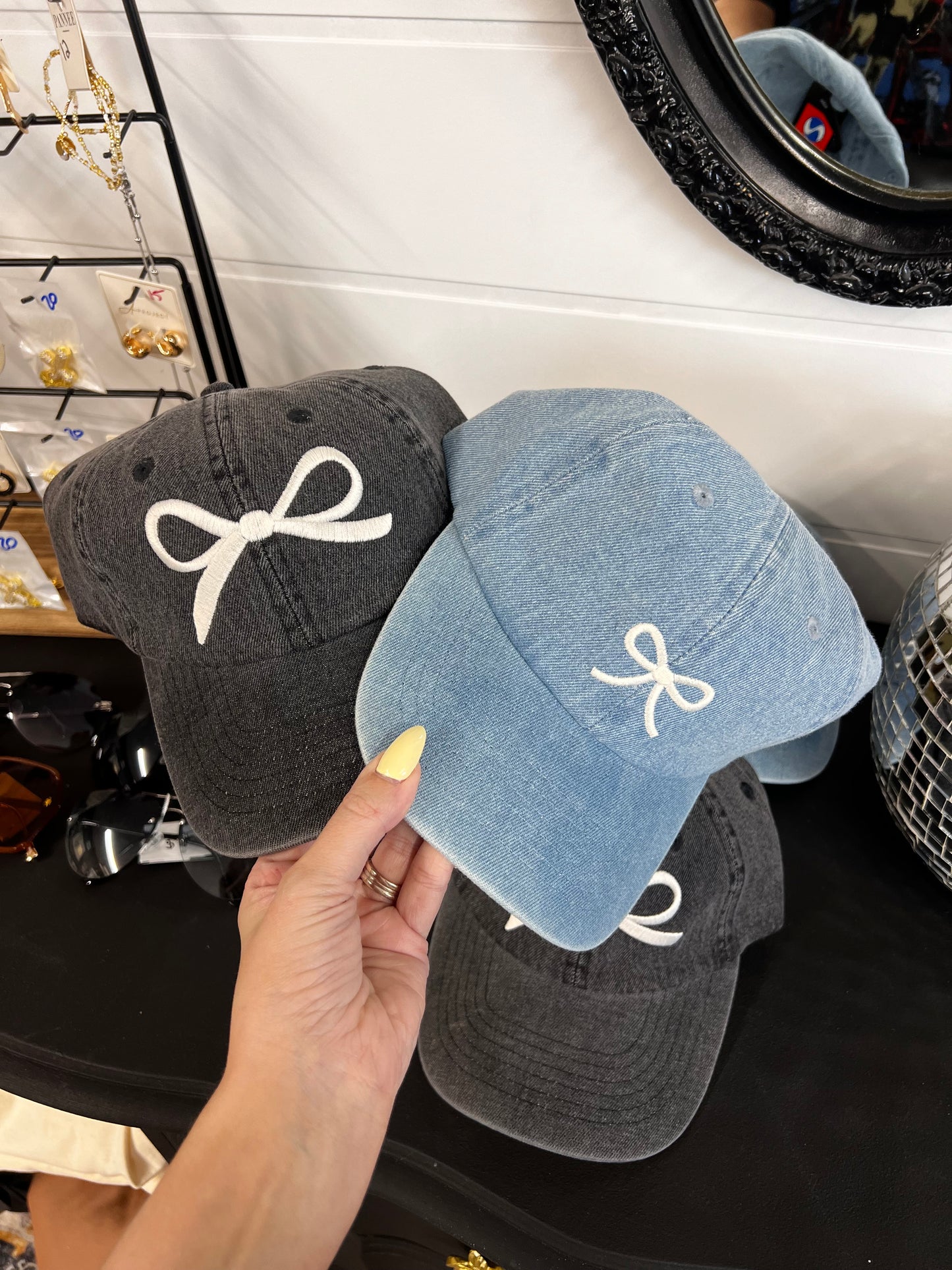 denim embroidered bow hats