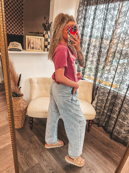 elastic waist barrel style denim