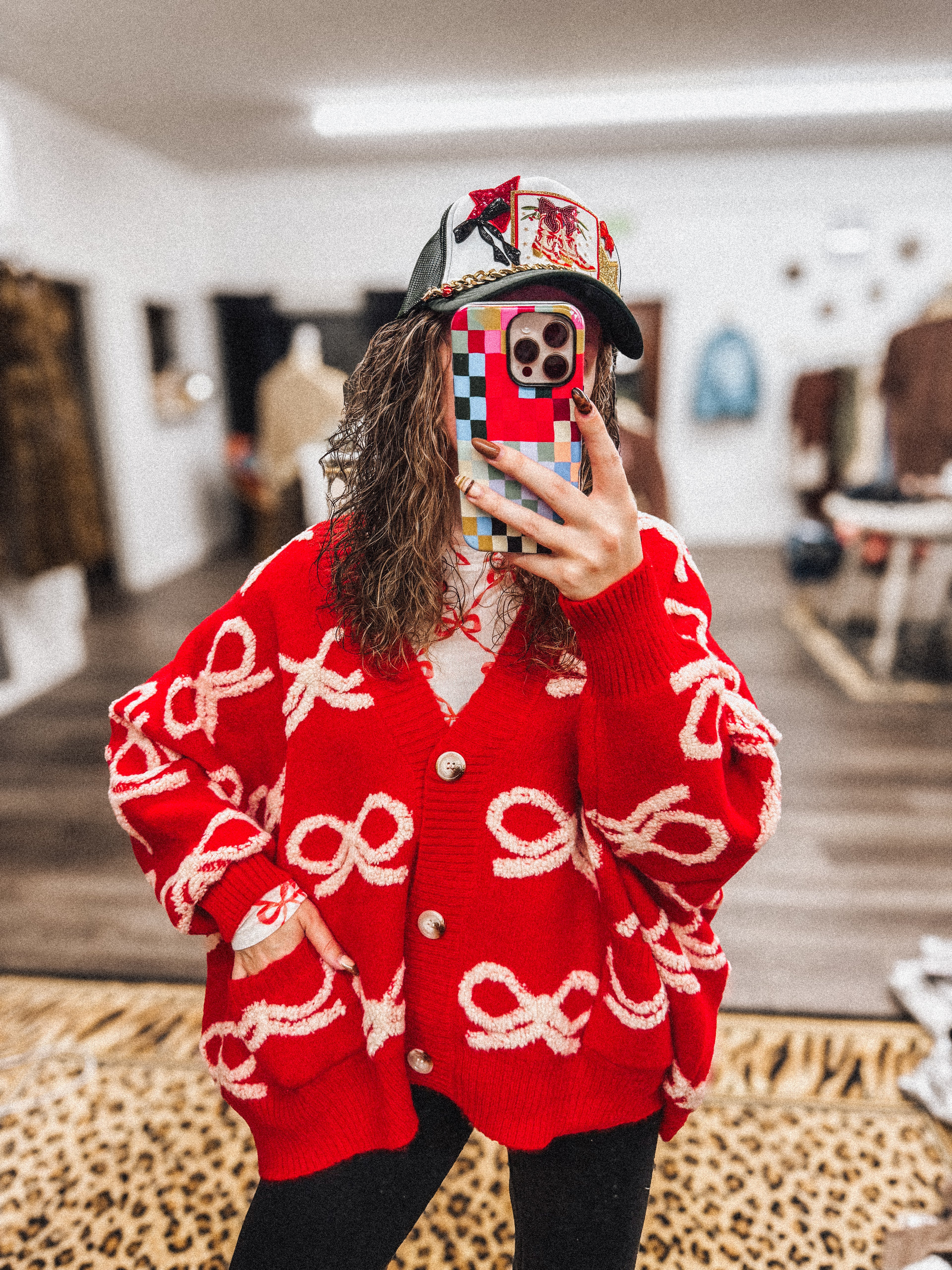 oversized red bow cardigan