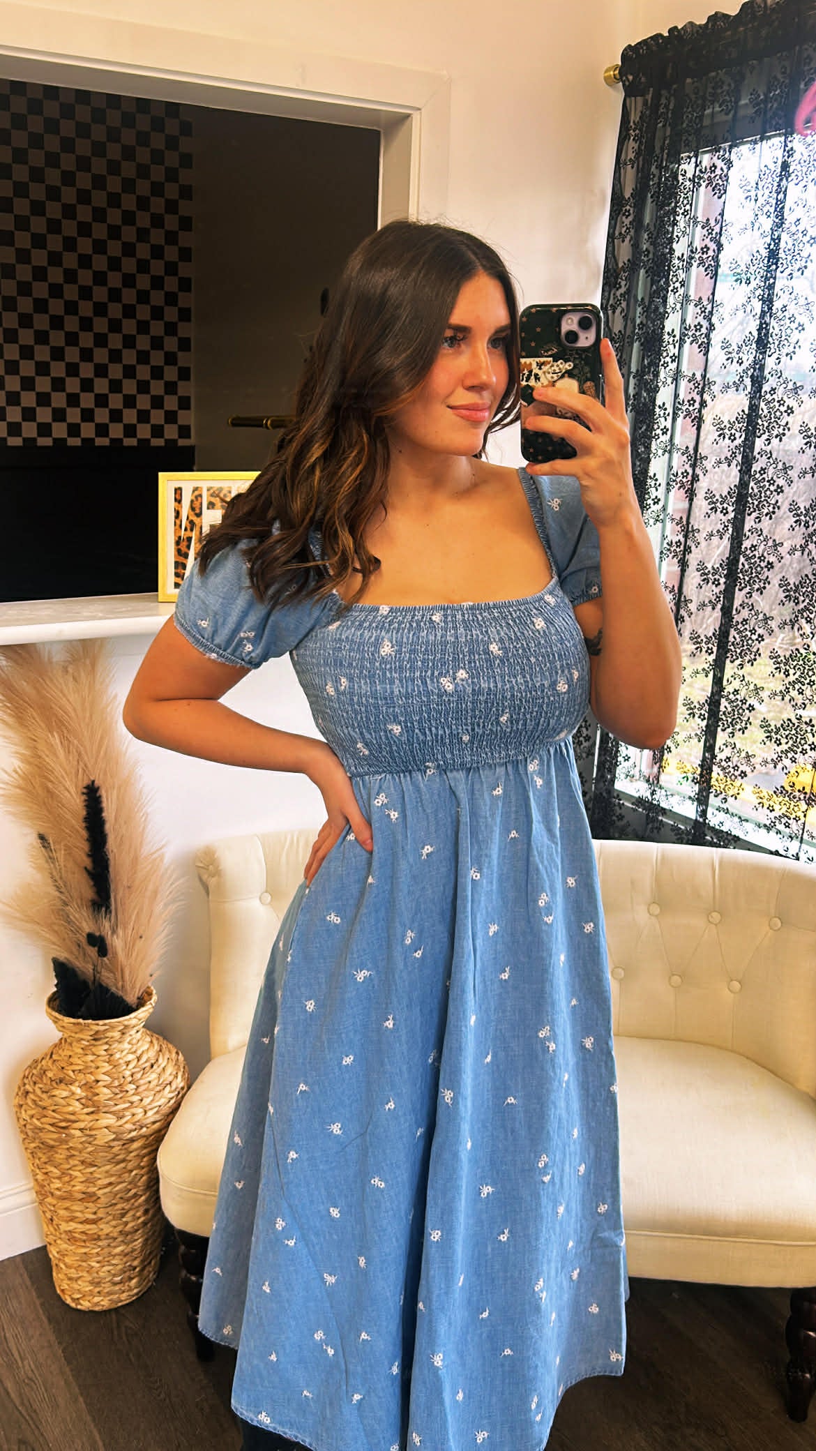 chambray denim floral dress (small-3x)