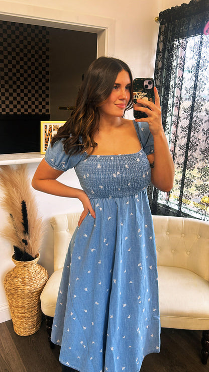 chambray denim floral dress (small-3x)