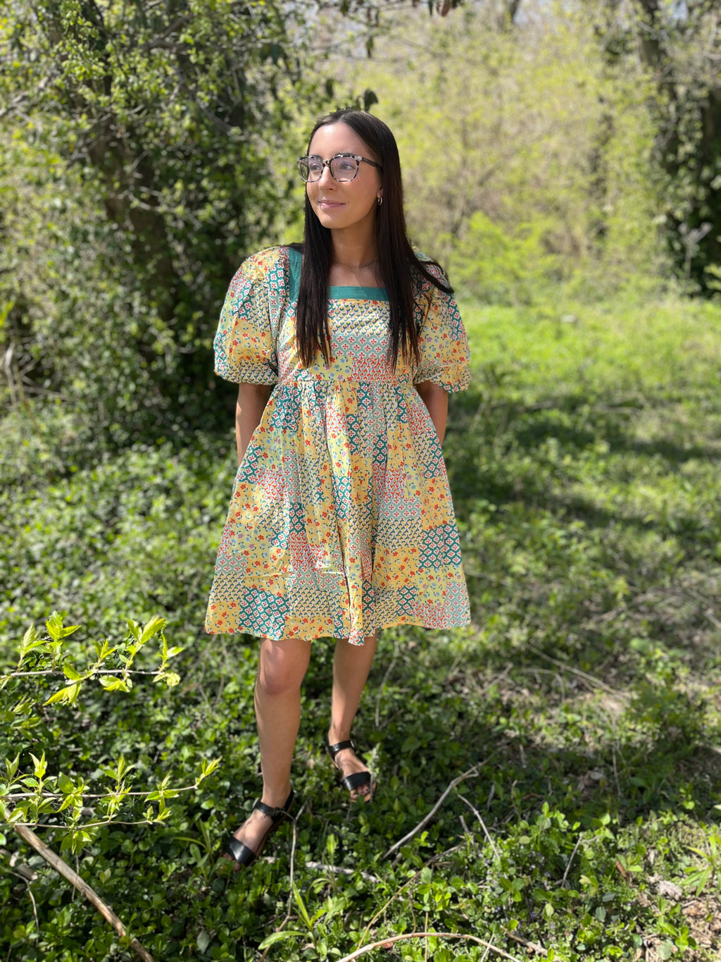 patchwork floral yellow and teal puff sleeve dress