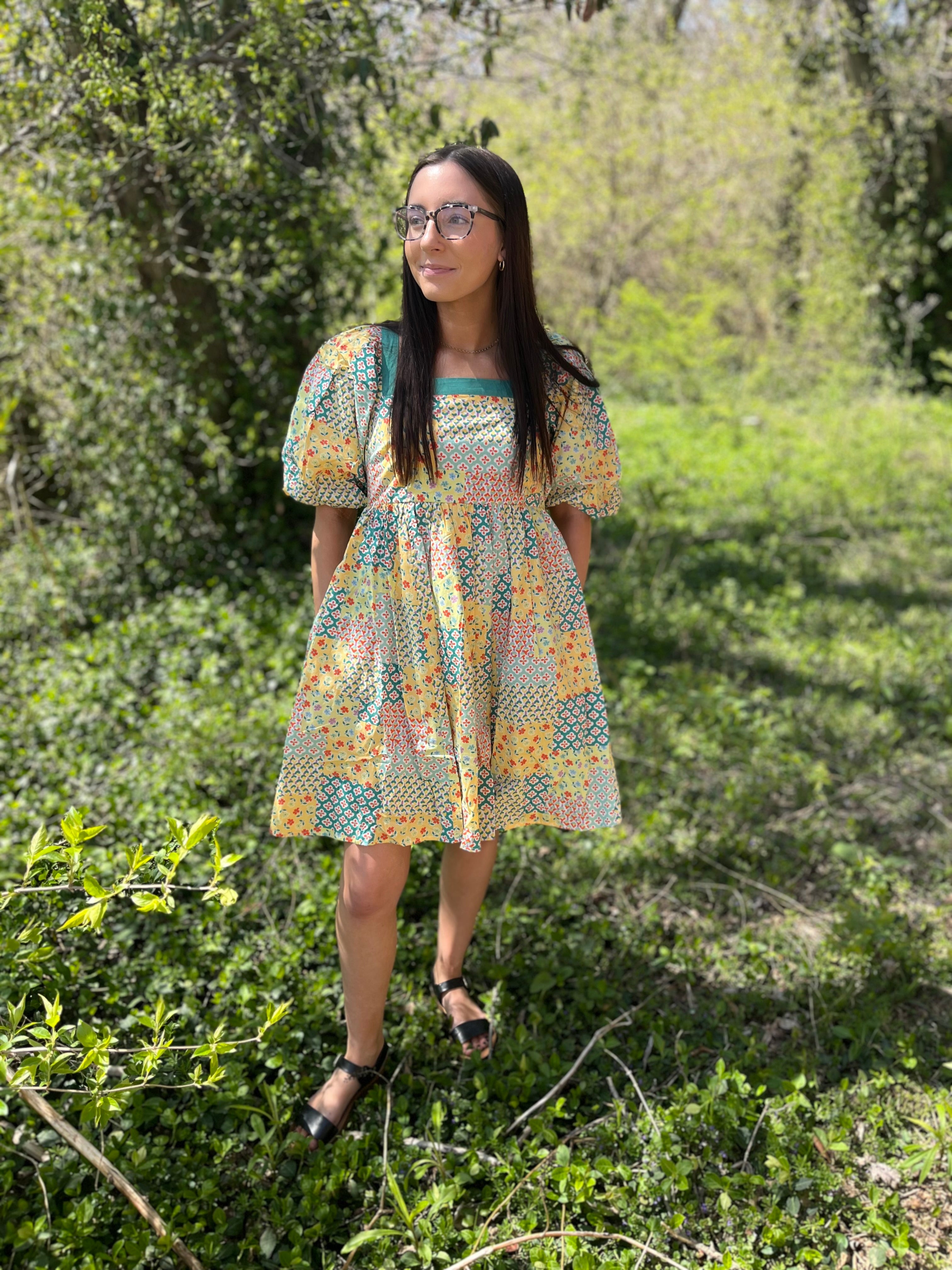 patchwork floral yellow and teal puff sleeve dress