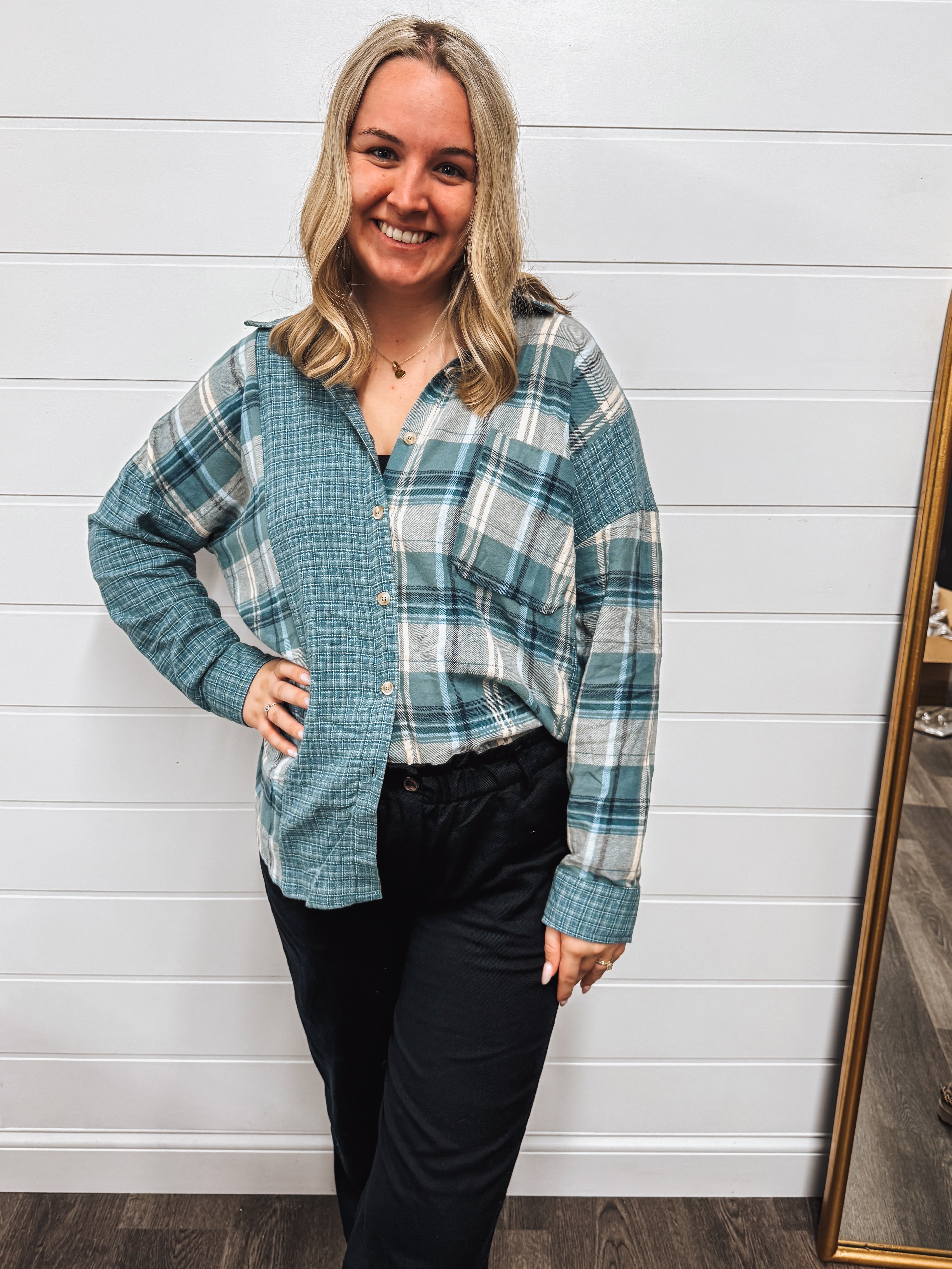 colorblock blue plaid flannel top