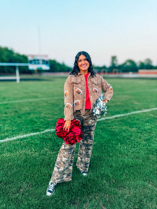 camel corduroy sequin patch football jacket