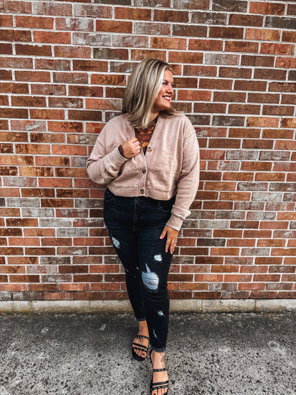 cropped taupe sweatshirt cardigan