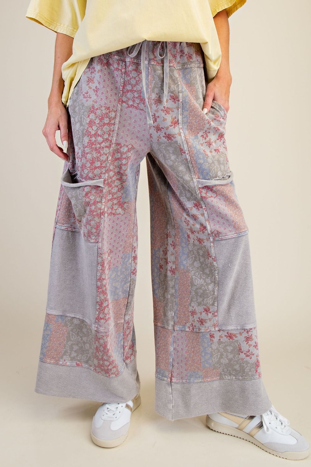 preorder-PATCHWORK PRINT MINERAL WASHED TERRY PANTS—reg & curvy