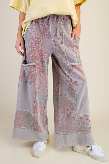 preorder-PATCHWORK PRINT MINERAL WASHED TERRY PANTS—reg & curvy
