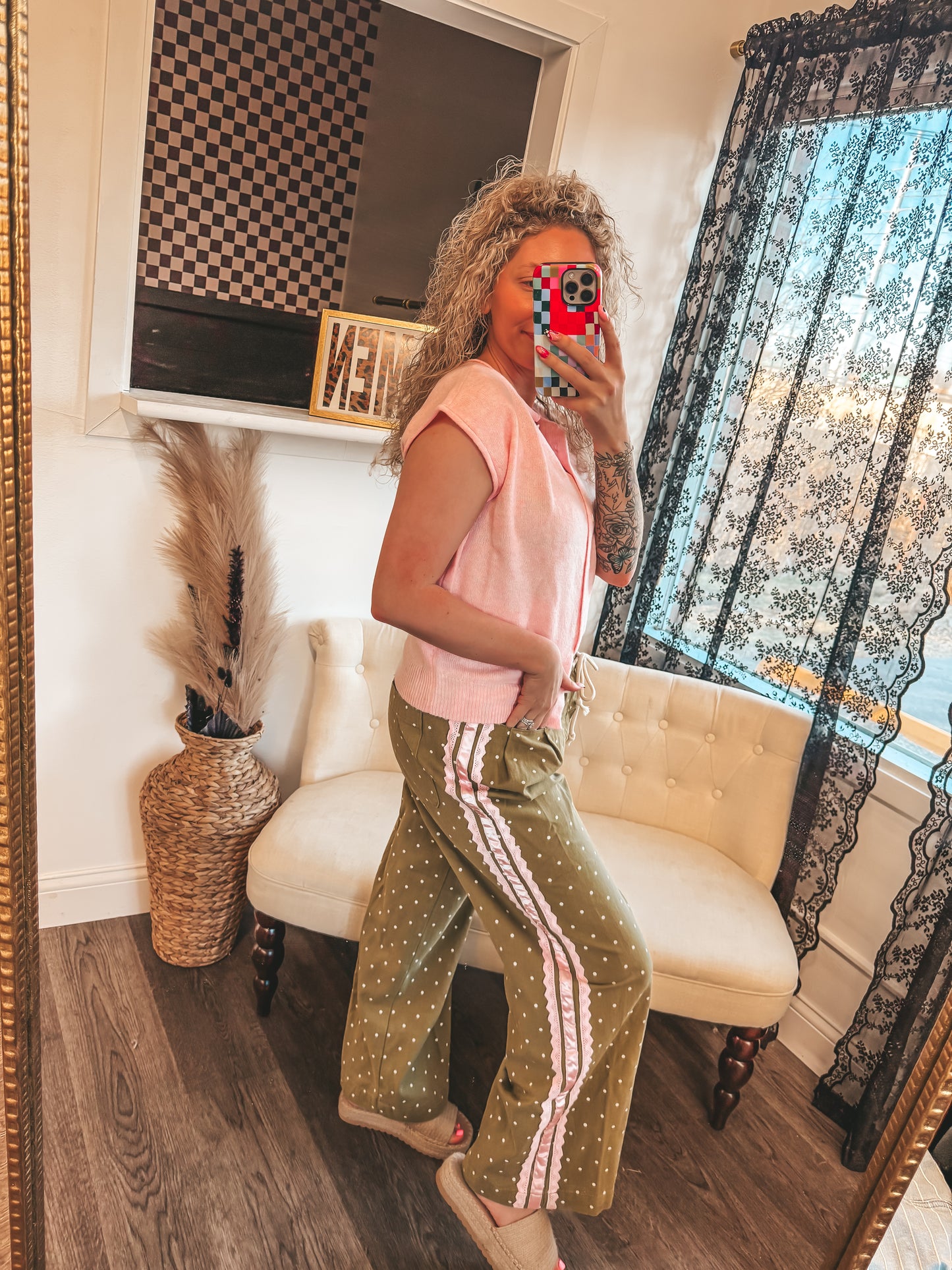 olive and polk polka dot pants with lace trim