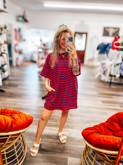 navy and red striped oversized tshirt dress with pockets – Faith and Flare Boutique