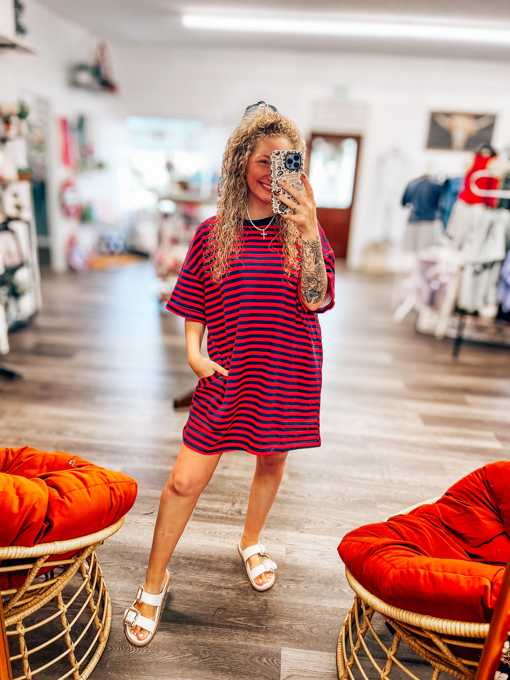 navy and red striped oversized tshirt dress with pockets