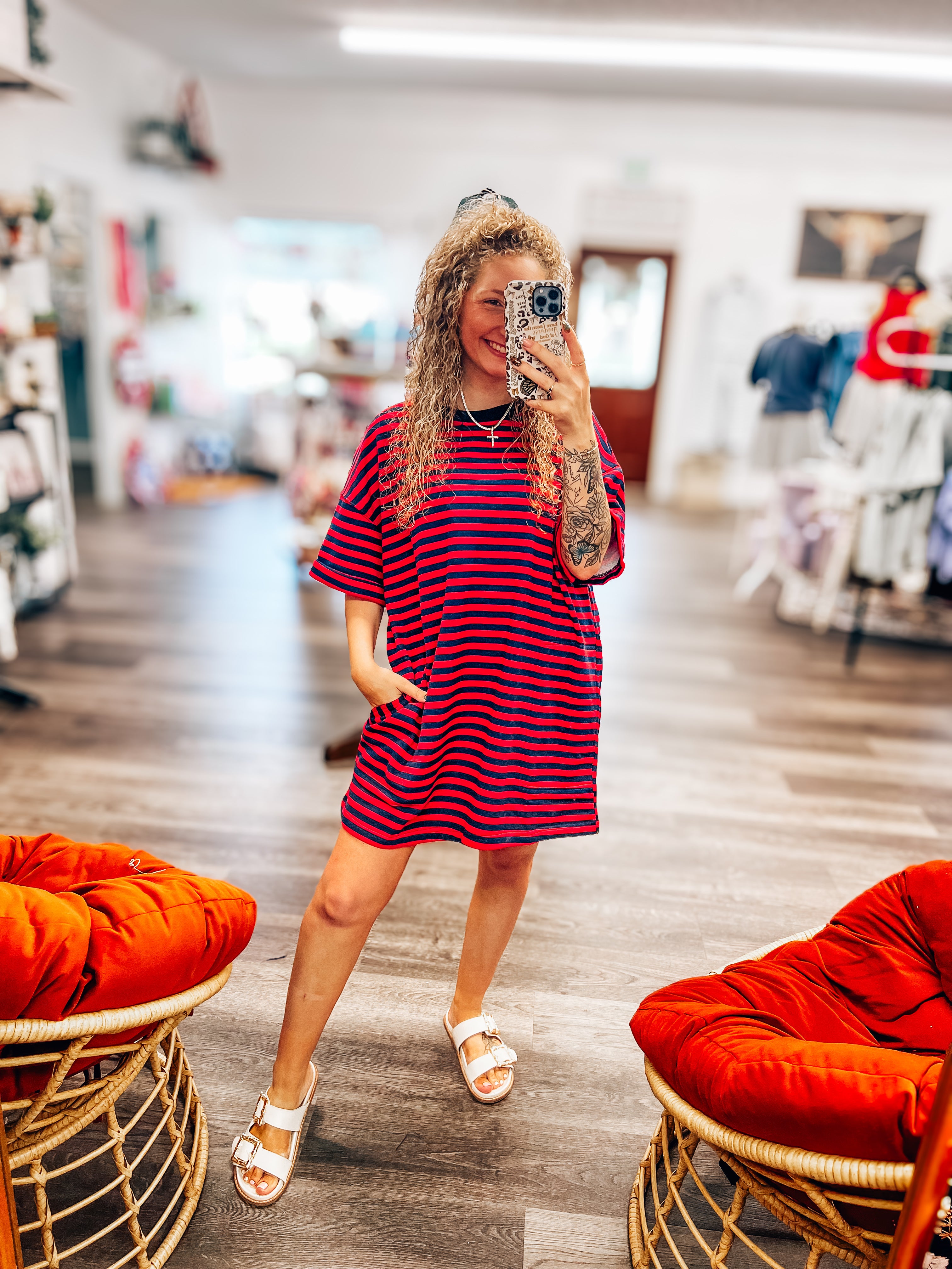 navy and red striped oversized tshirt dress with pockets