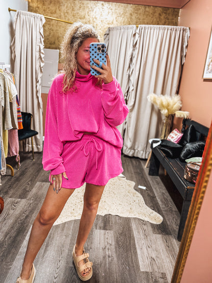 Pink ribbed mockneck short set