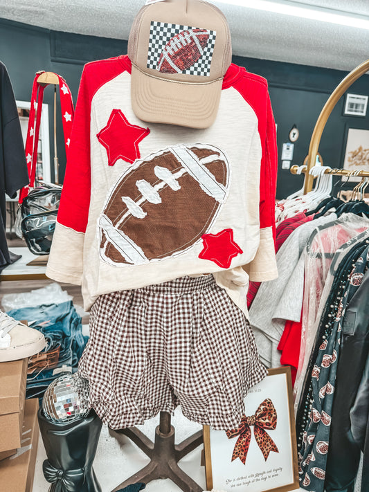 Red football embroidered patch oversized top
