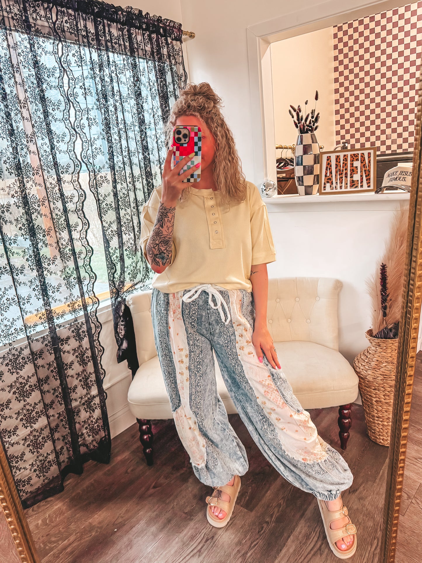 POL denim boho floral jogger pants
