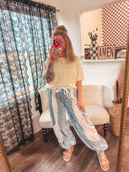 POL denim boho floral jogger pants