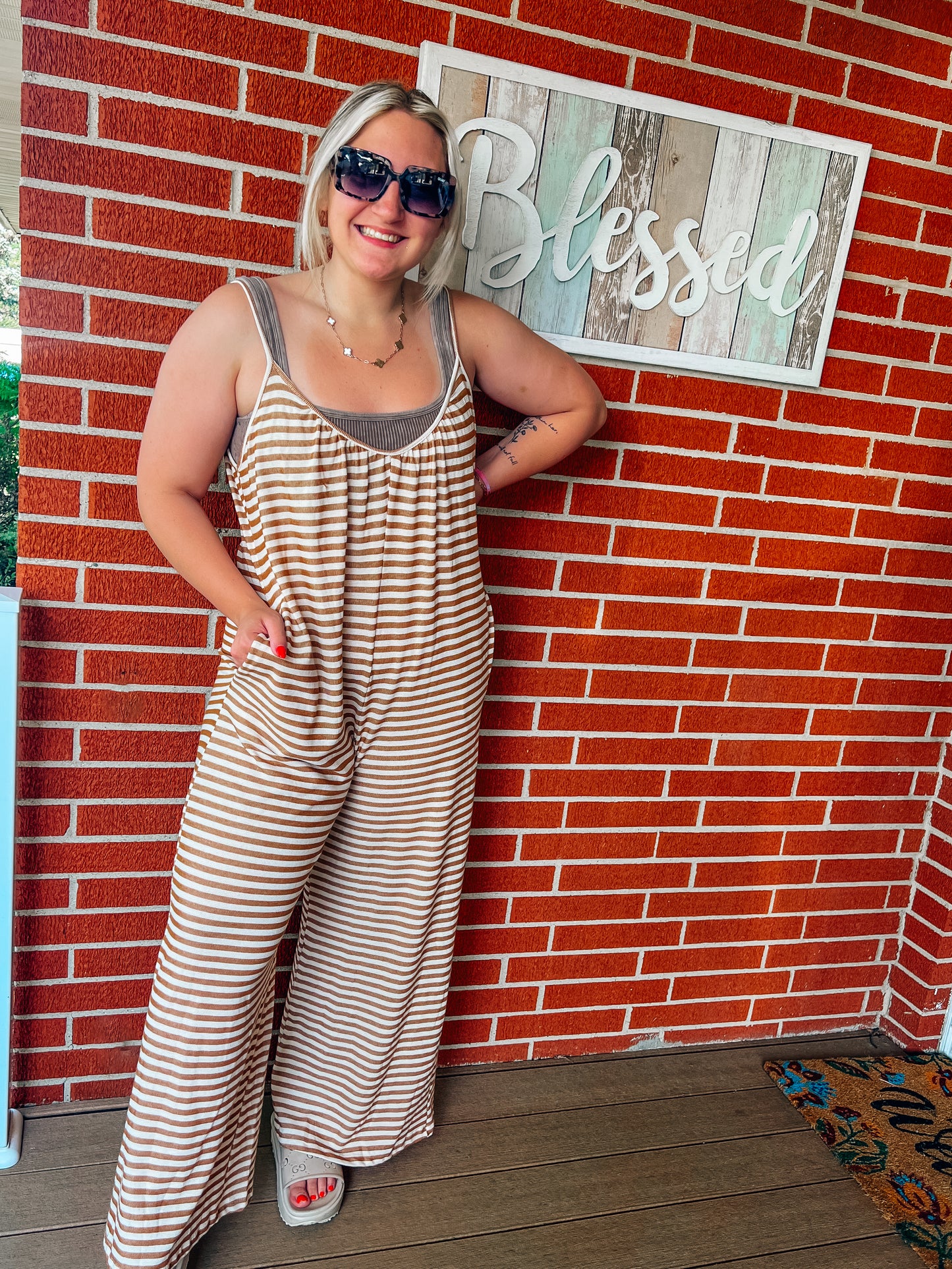 striped camel oversized jumpsuit