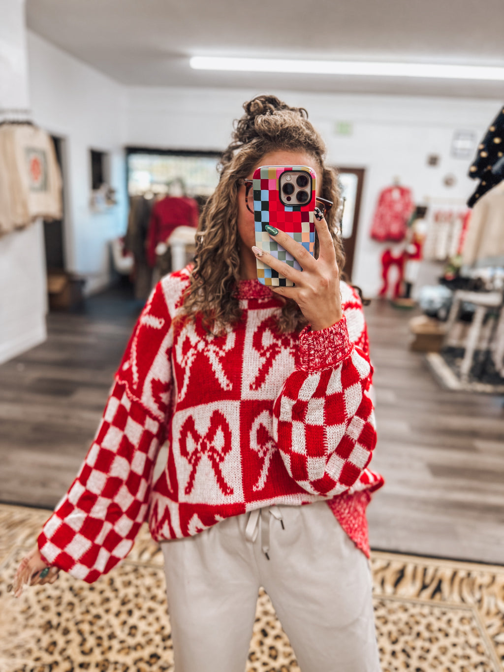 checkered bow oversized red sweater