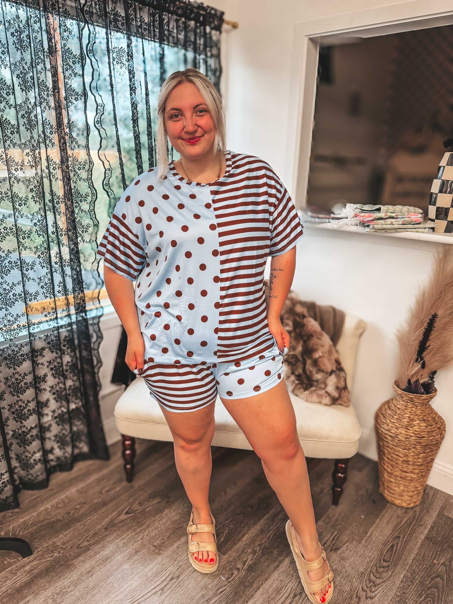polka dot split striped set in blue and brown