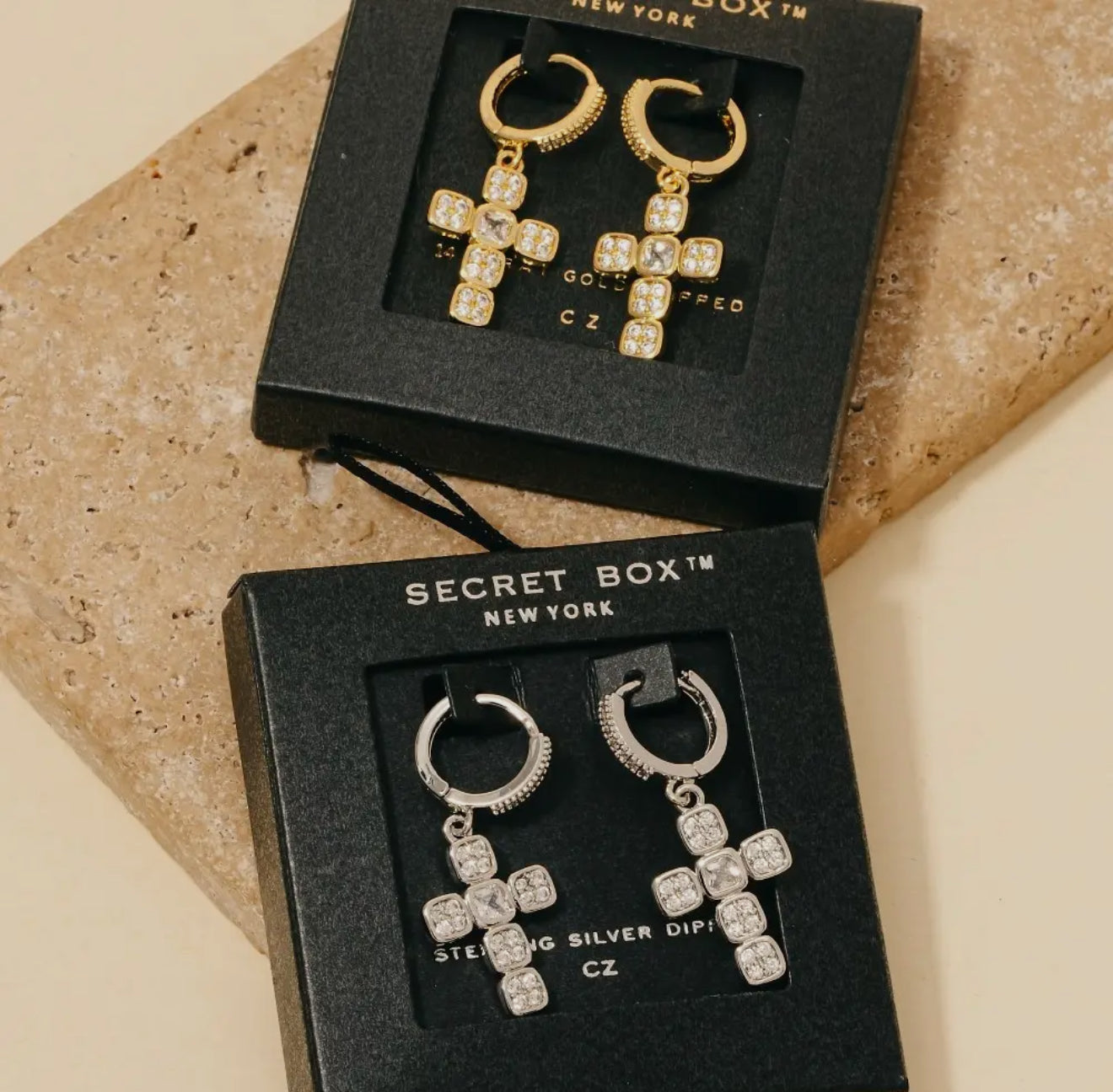 gold dipped Cz cross hoop earrings