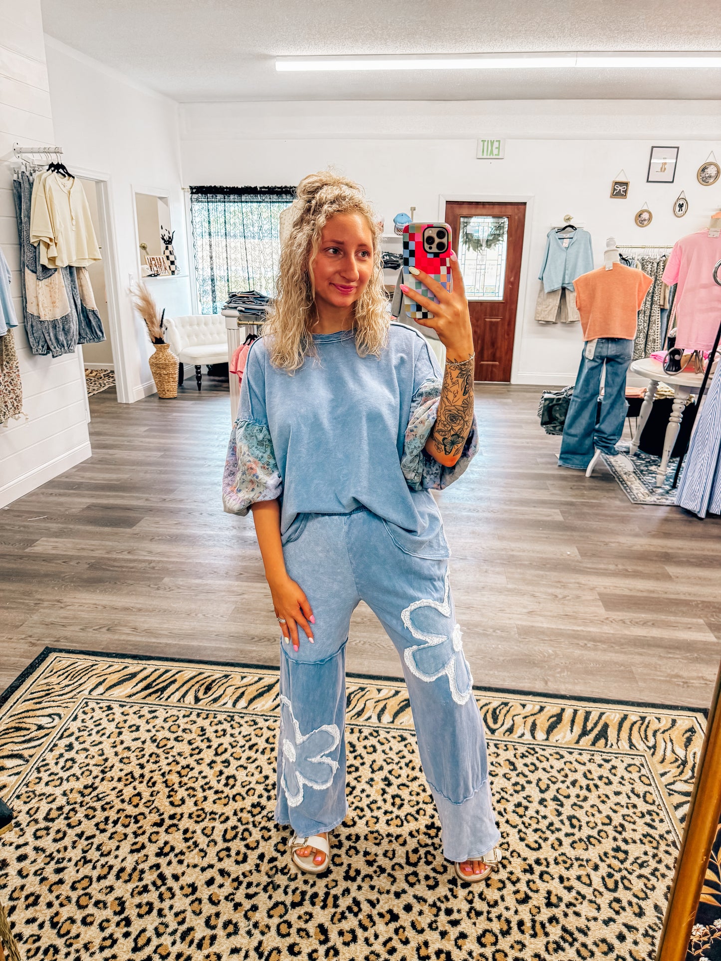 denim blue washed floral puff sleeve set (sold separately)