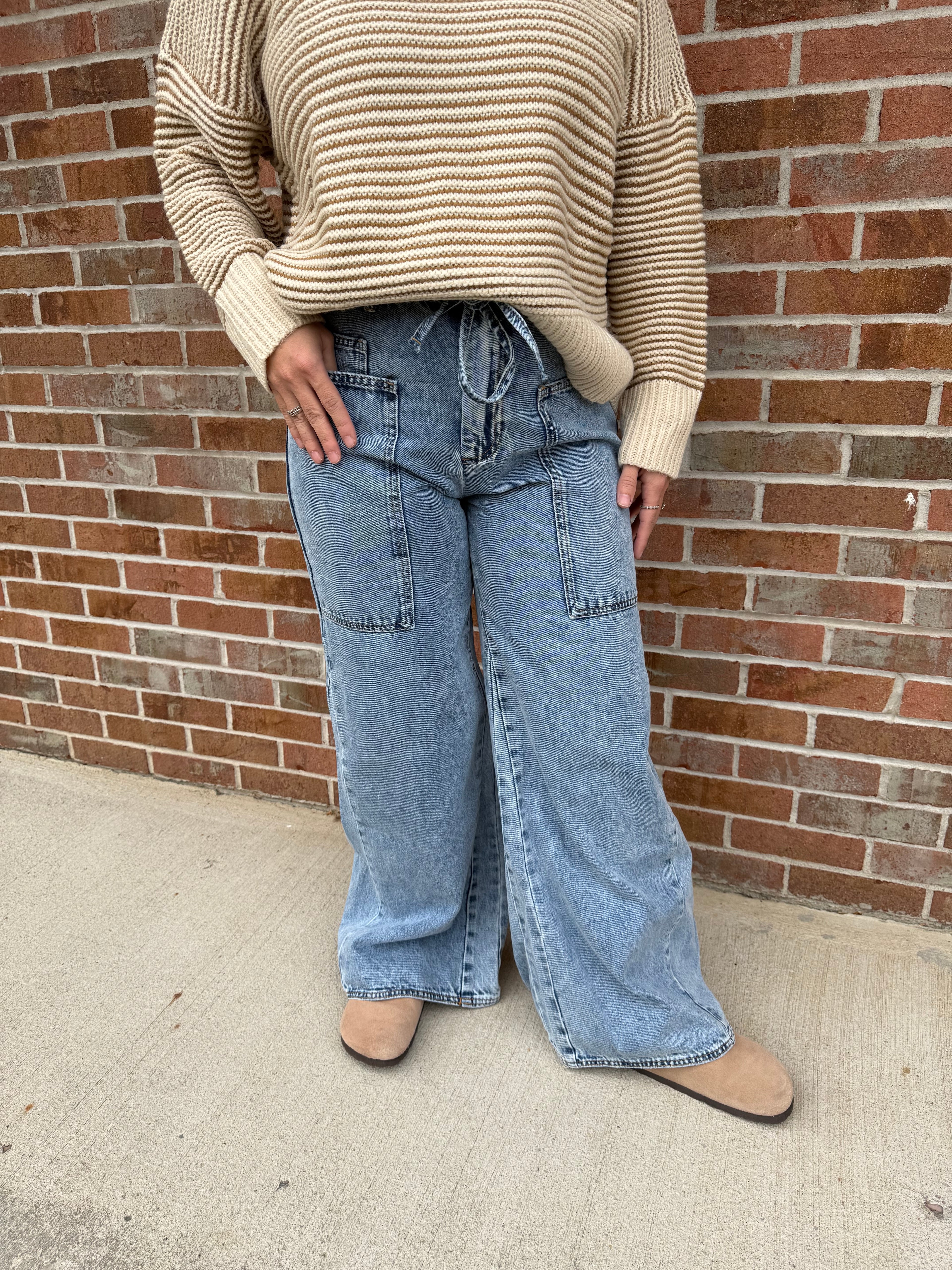 med wash tie denim pants