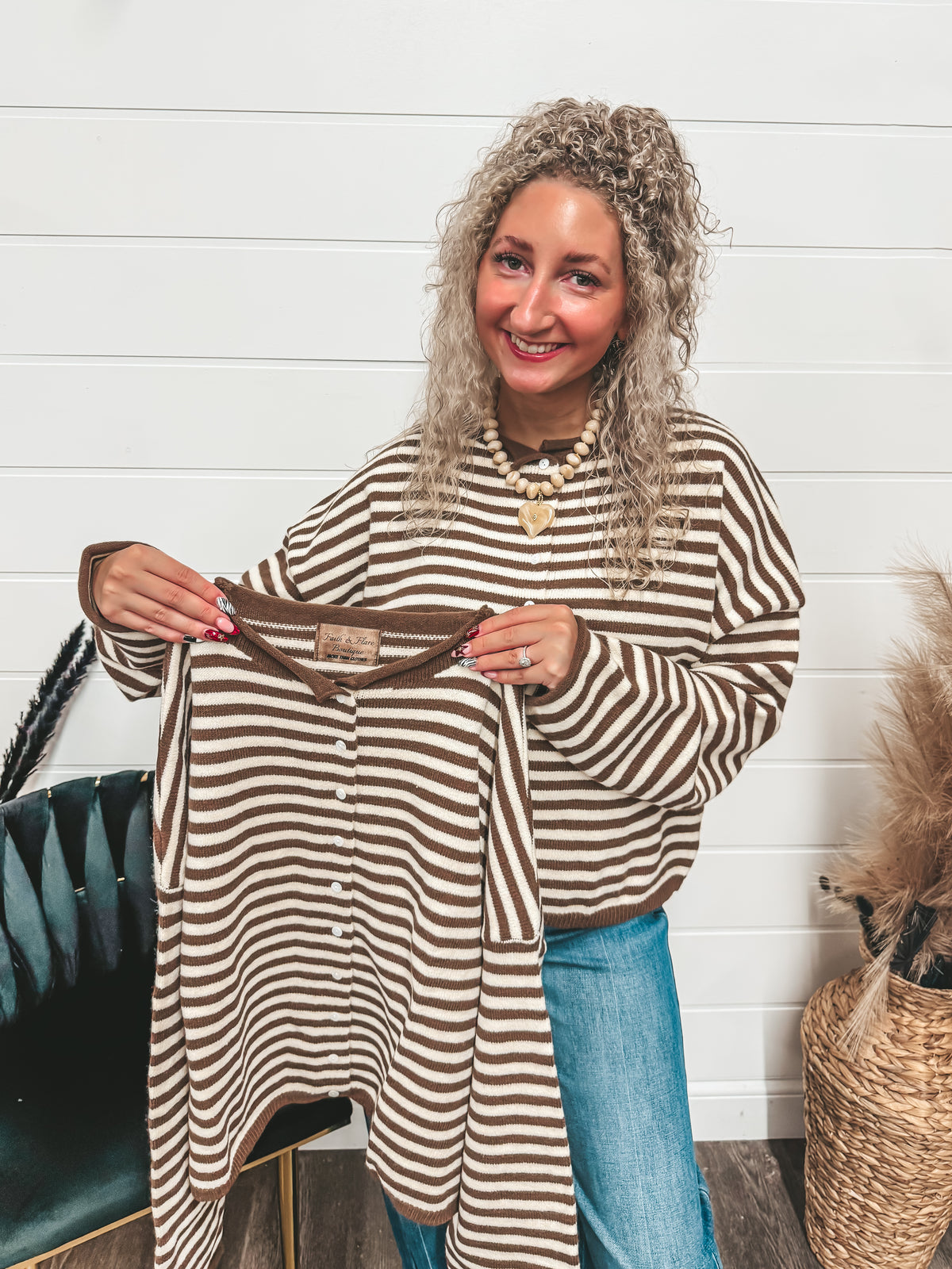 F&F branded stripe button cardigan in mocha cream