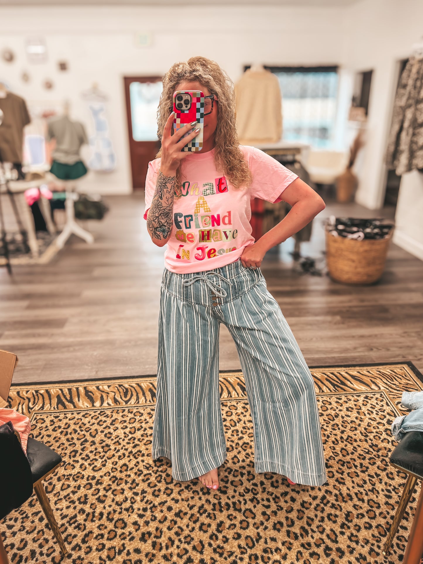 stripe denim washed pleated wide leg pants