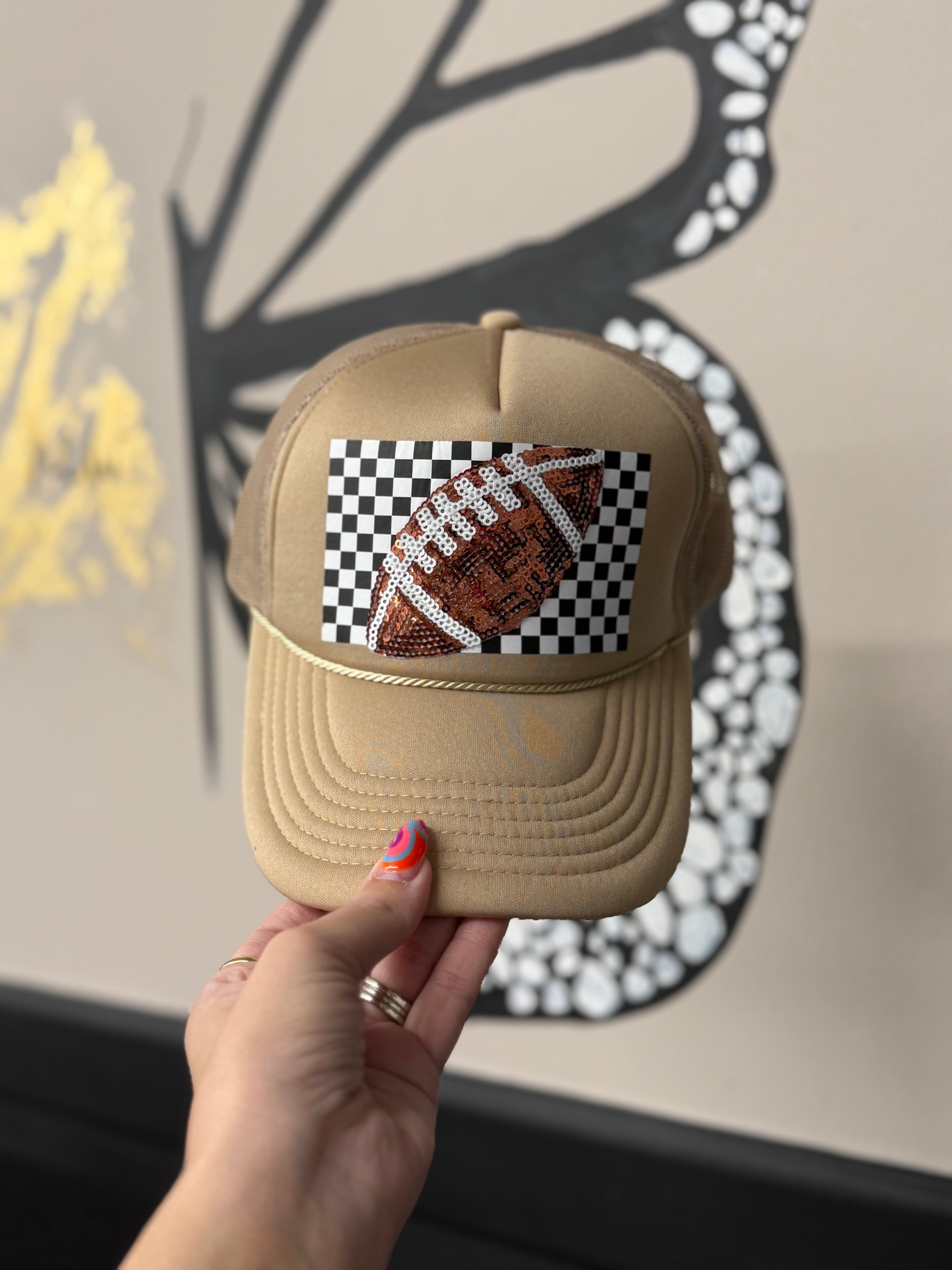 retro sequence checkered & football trucker hat