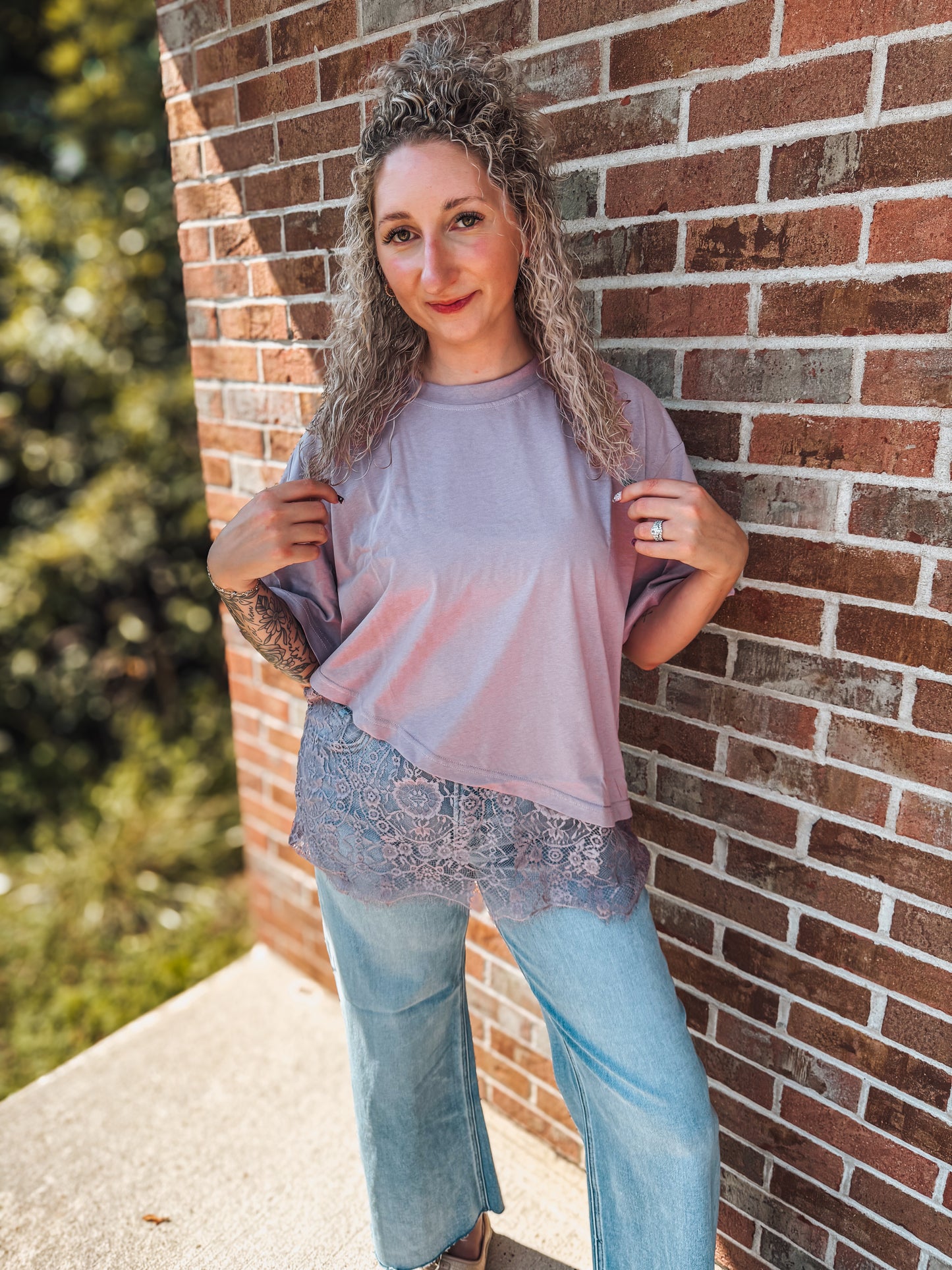 Lace tripped asymmetrical top in mulberry