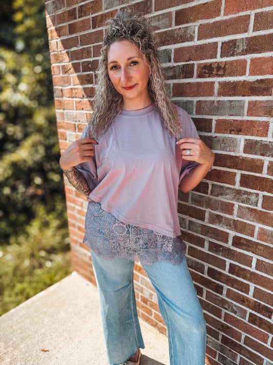 Lace tripped asymmetrical top in mulberry