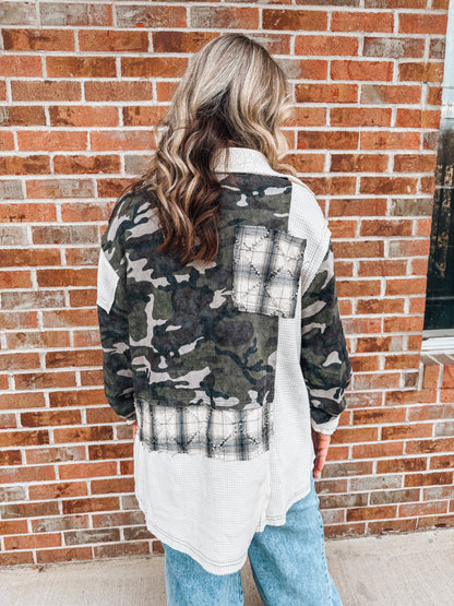 camo & plaid waffle shacket
