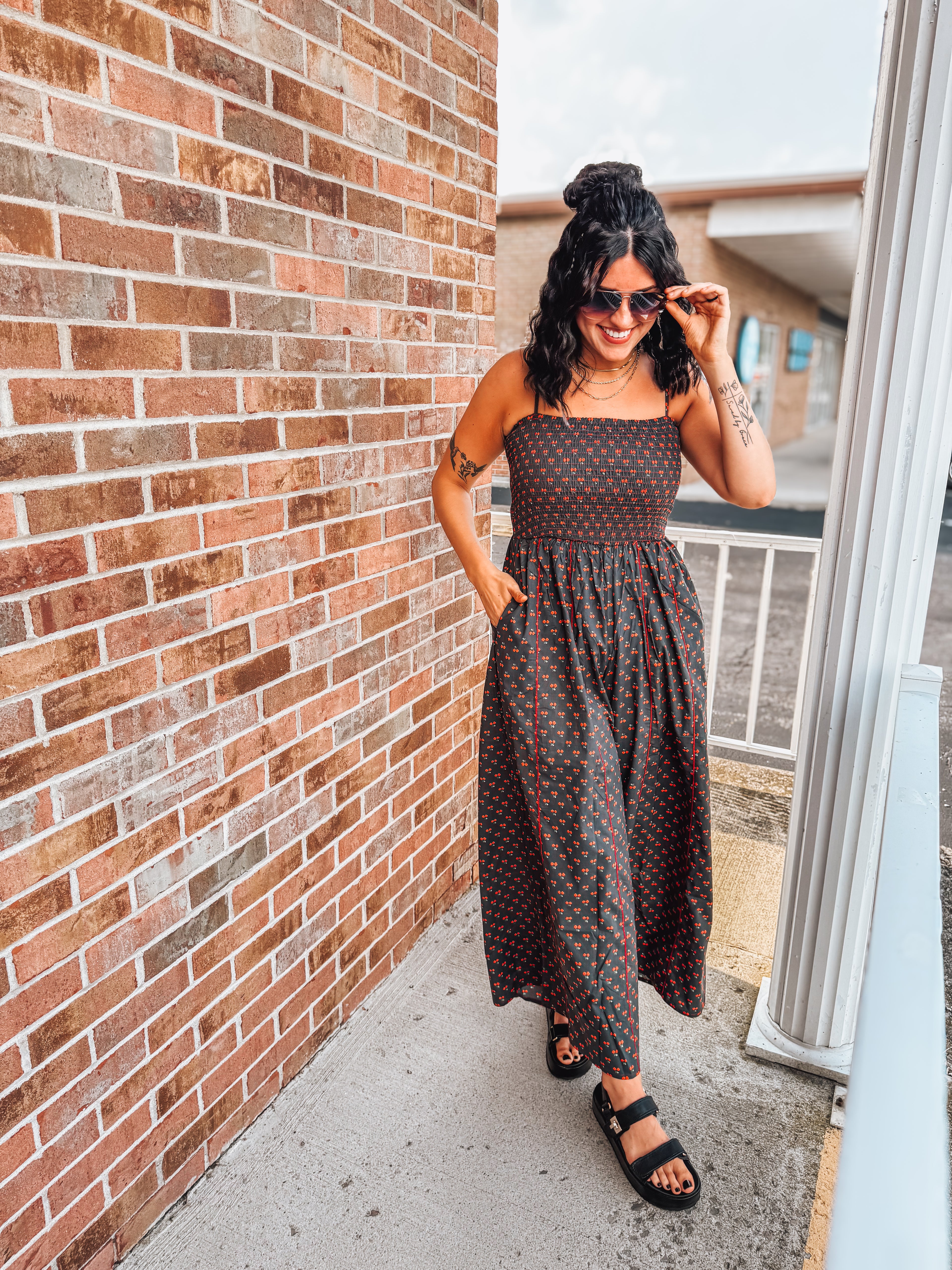 cherry smocked wide leg jumpsuit