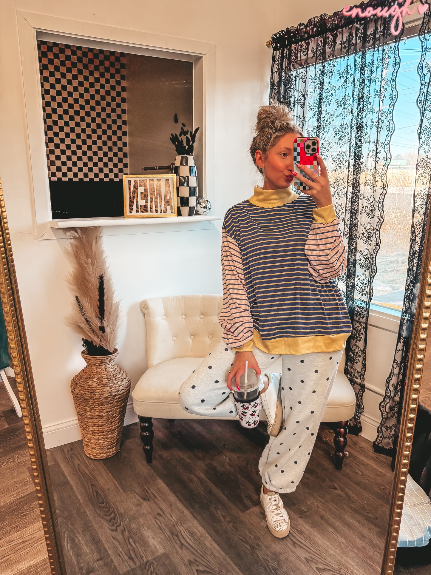 striped contrast ribbed navy & yellow mock neck