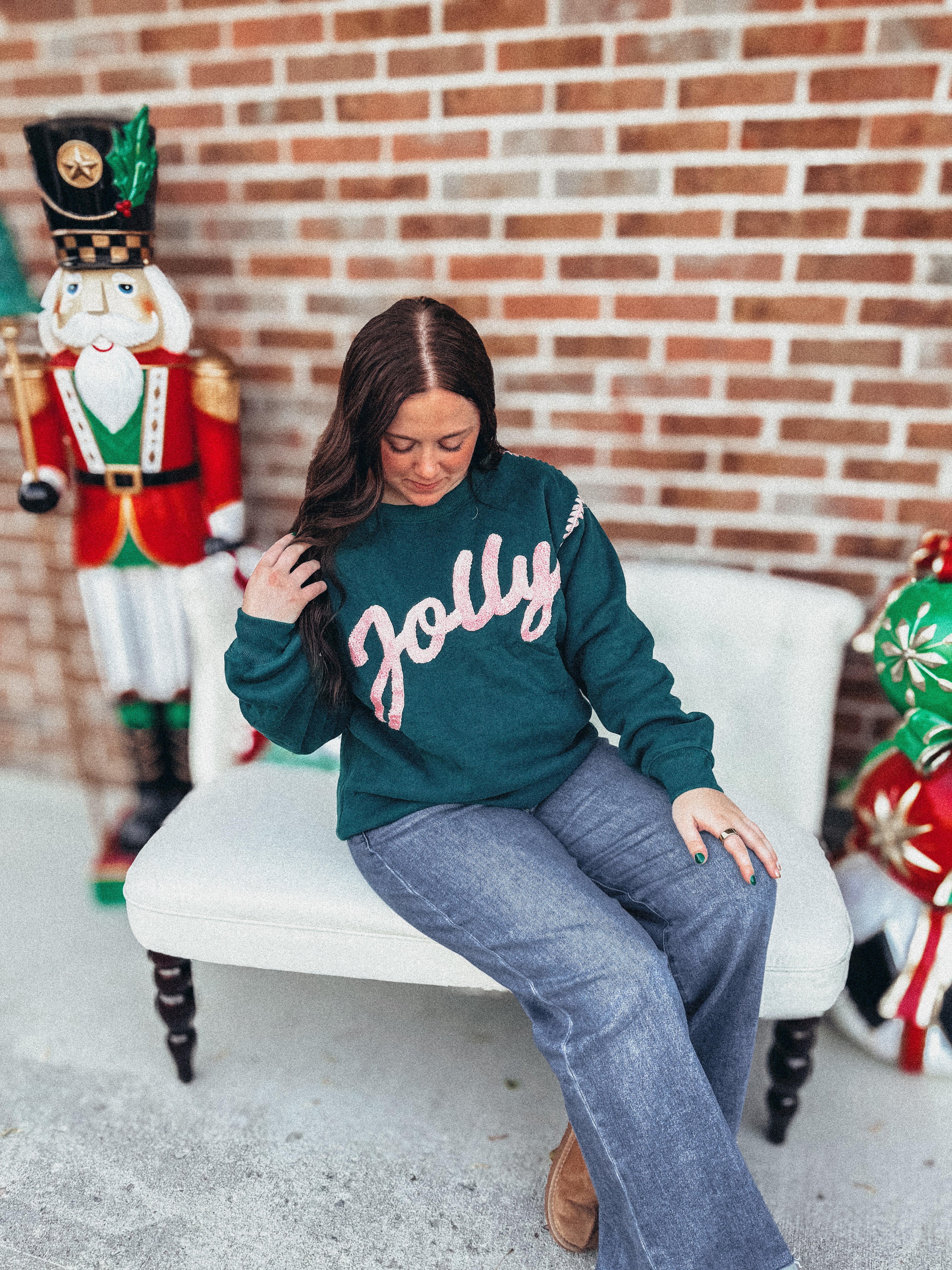 hunter green & pink jolly stitched pullover