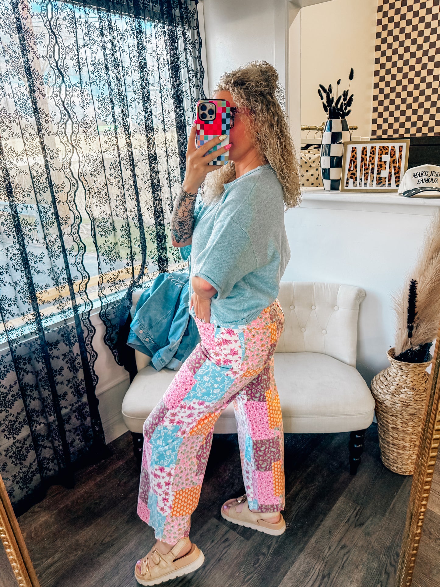 spring floral patch work pants