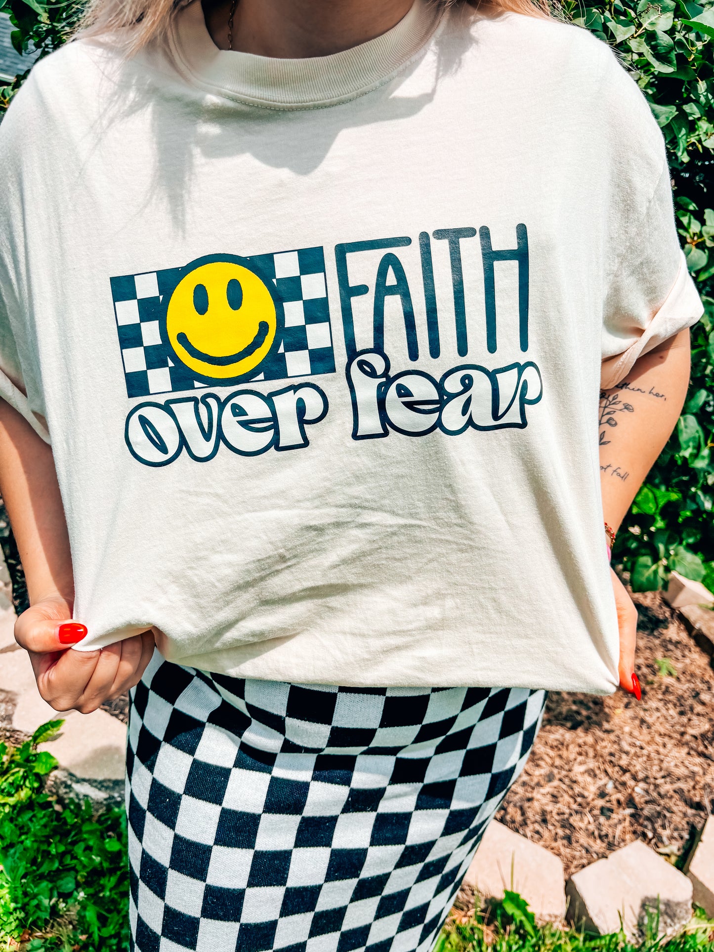 Faith over fear checkered smile tee