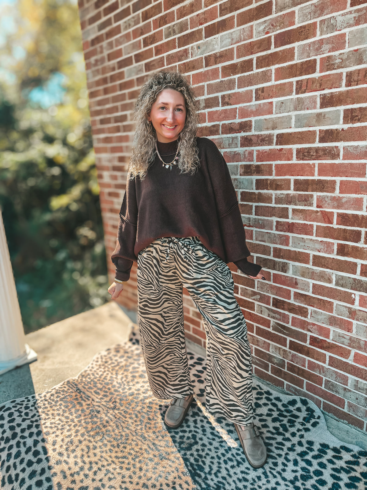 Brown and beige zebra barrel sweatpants