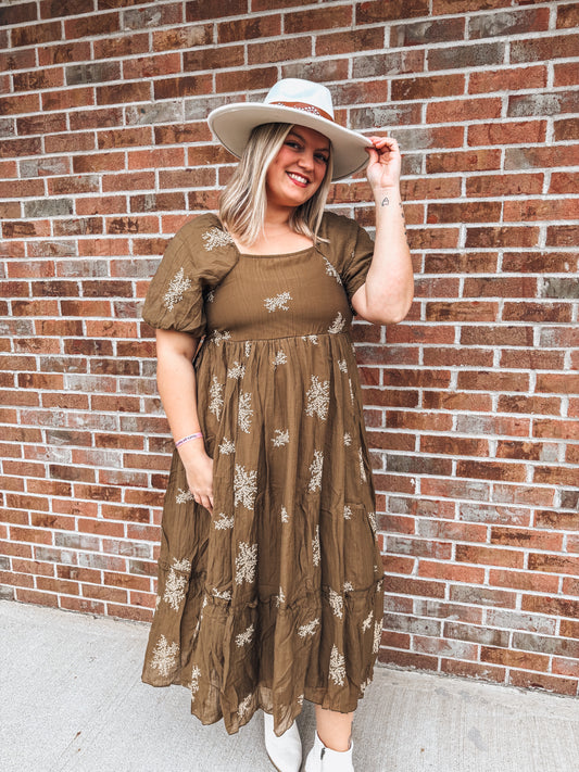 embroidered floral brown green dress small-3x