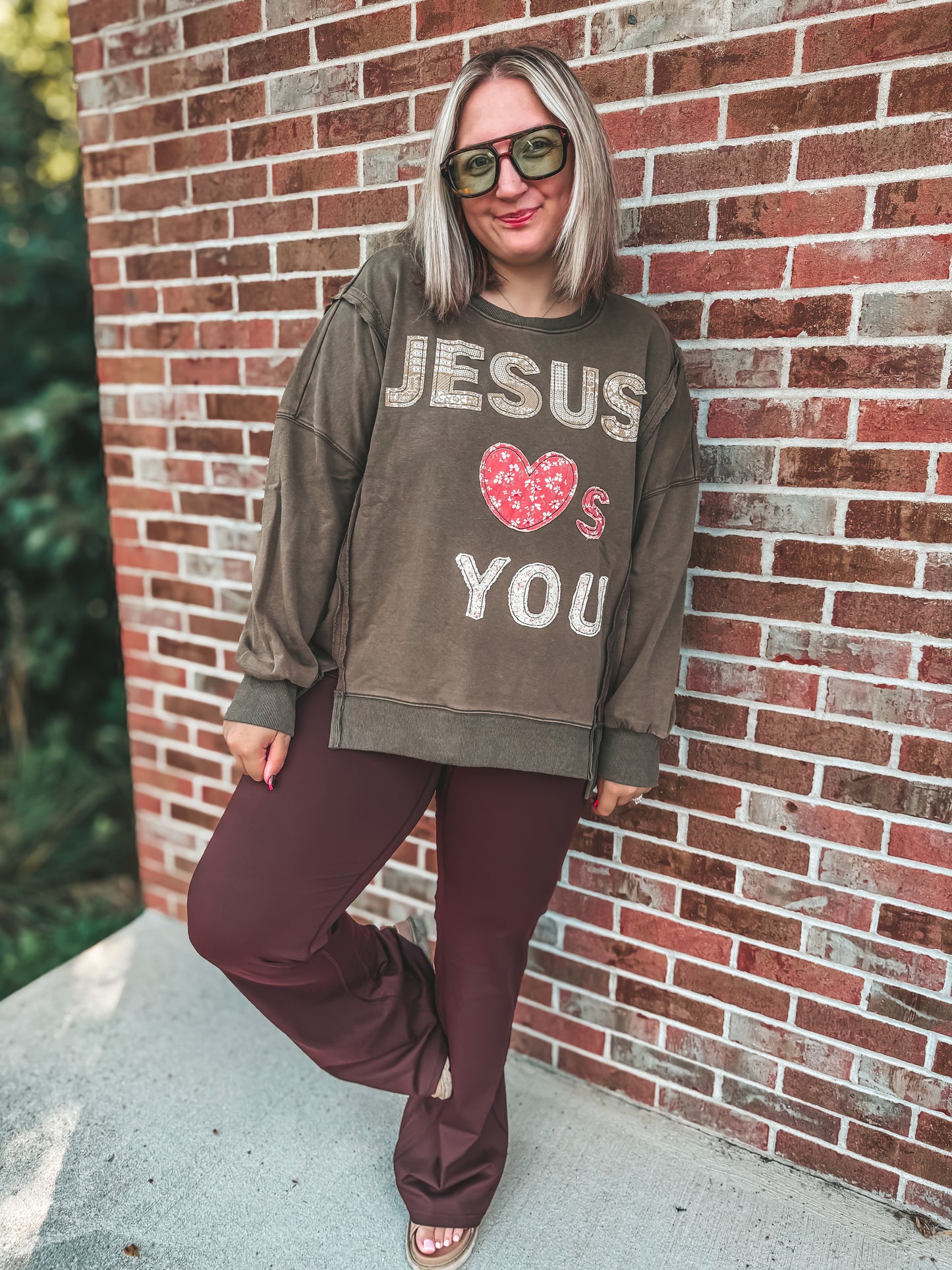 Jesus loves you patchwork mineral wash pullover