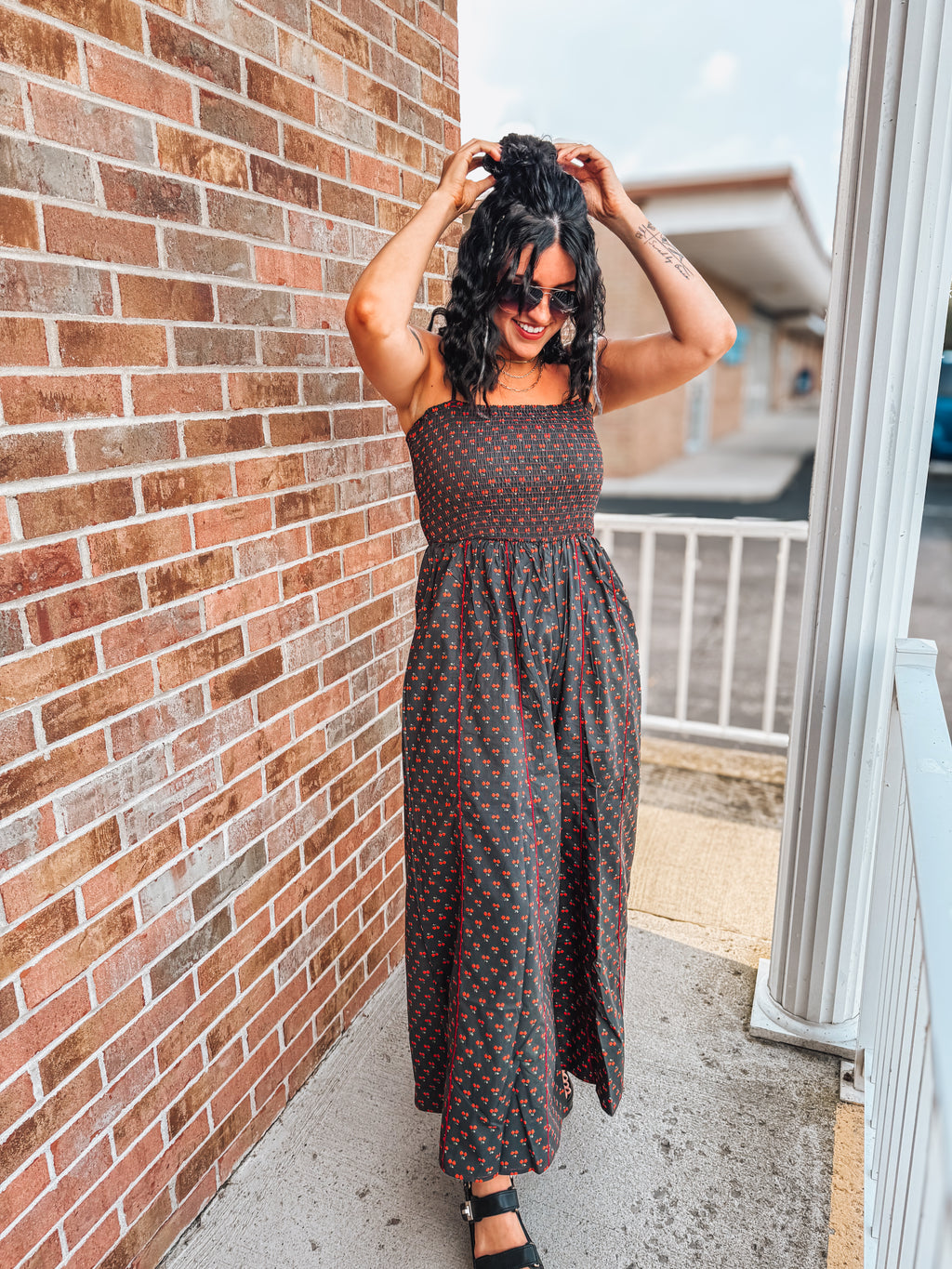 cherry smocked wide leg jumpsuit