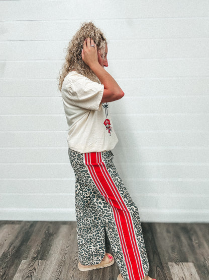 Leopard denim pants with red stripe PREORDER ships September