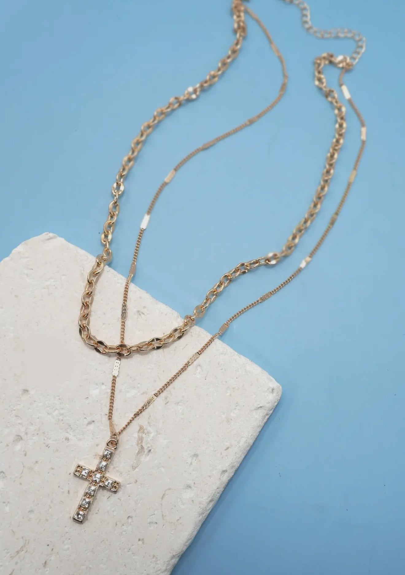 double layer rhinestone cross necklace