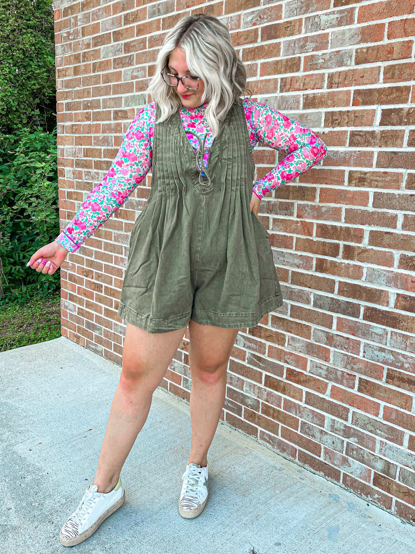 Viral Olive washed denim romper