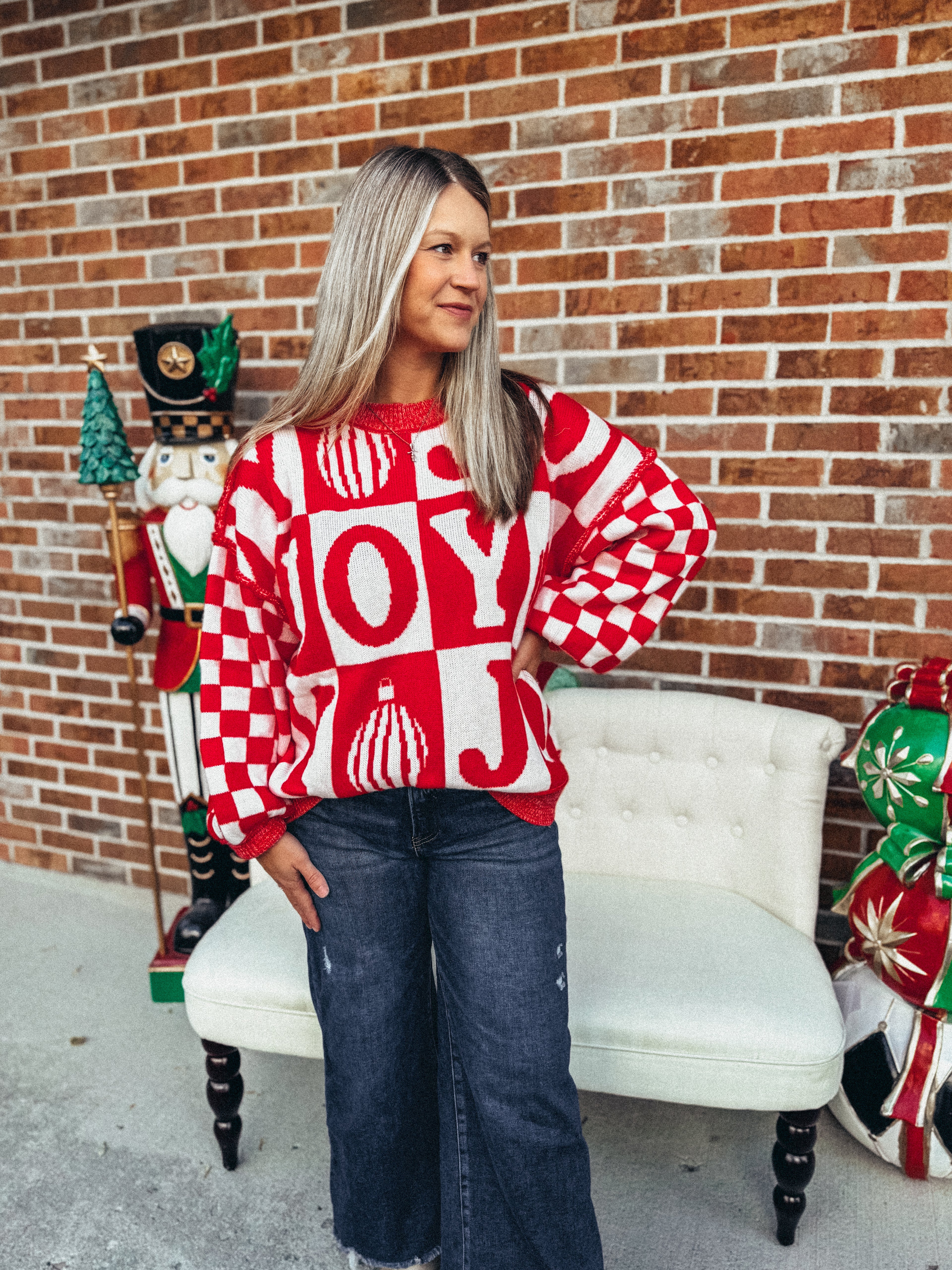 Joy ornament checkered sweater