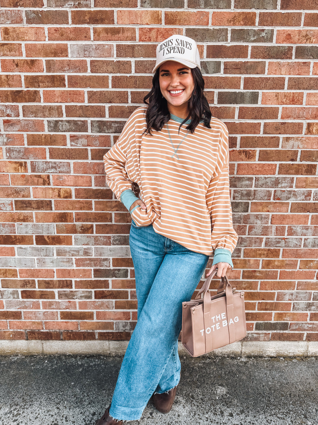 striped caramel oversized pullover with pockets