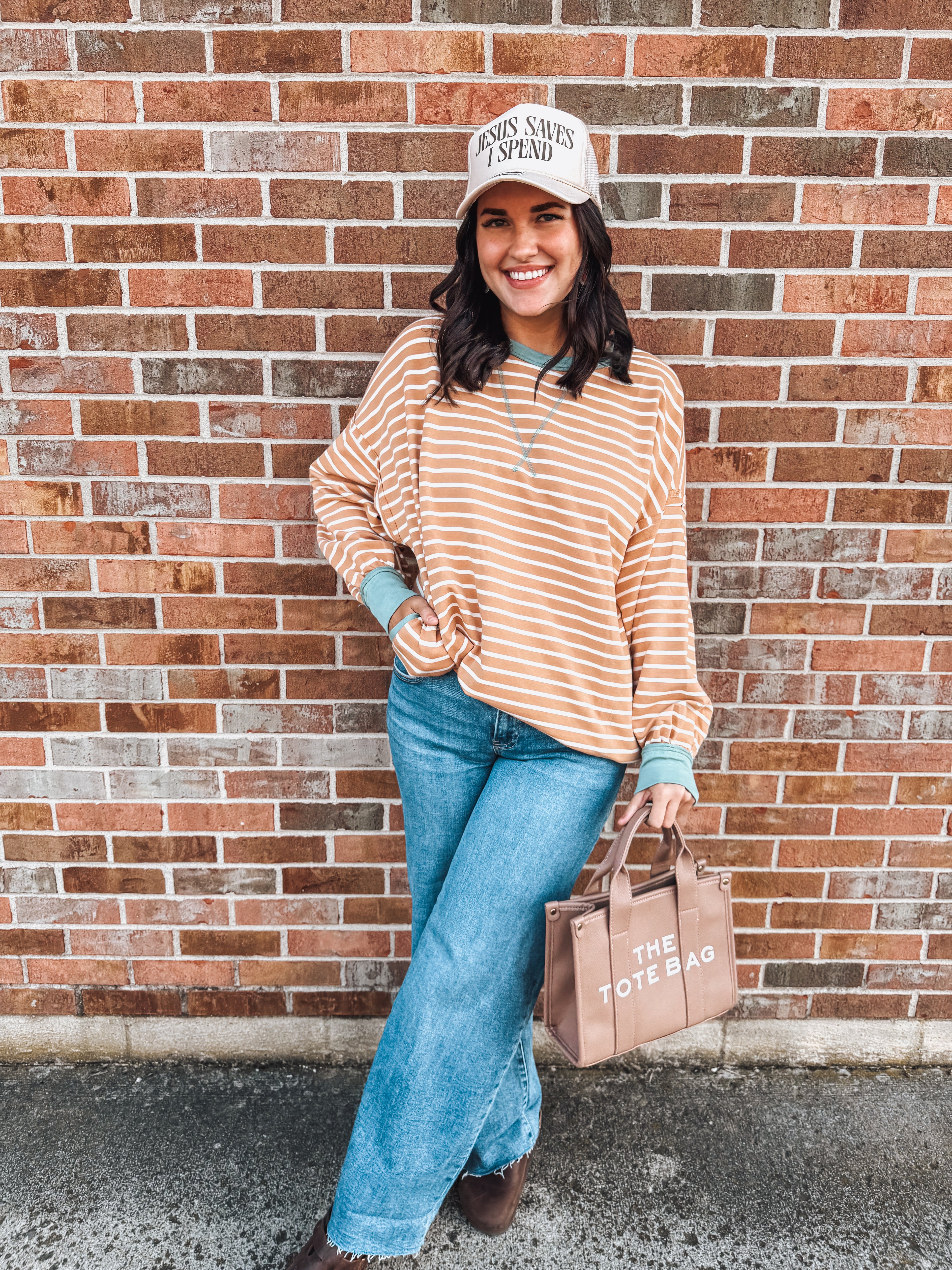 striped caramel oversized pullover with pockets
