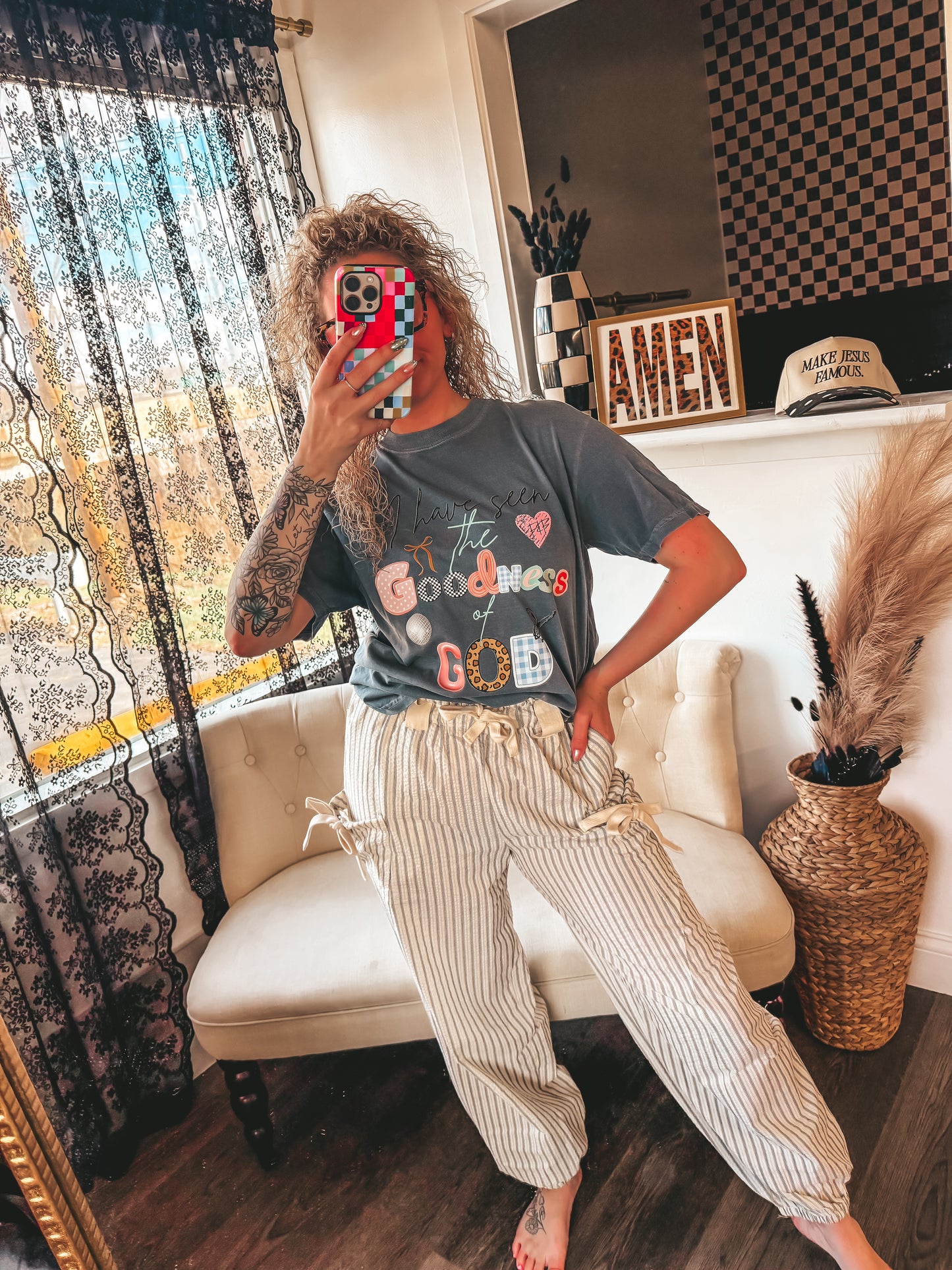 cream & black striped bow tie joggers