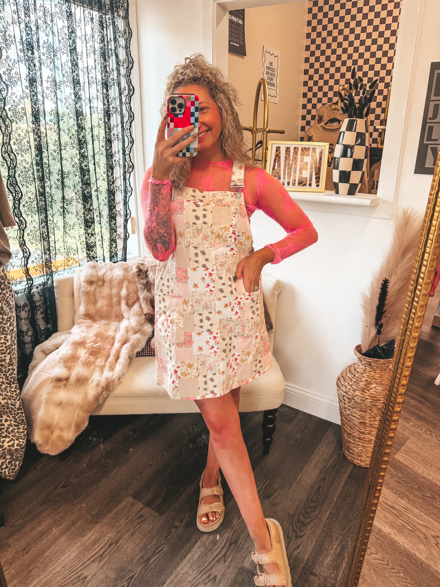 floral patchwork print overall dress